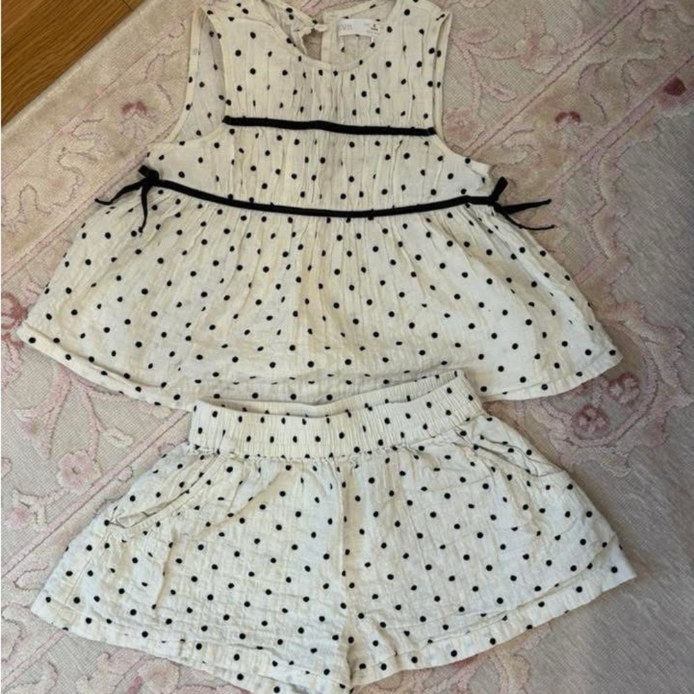 Zara White Polka Dot Girls Matching Top and Shorts Set with Black Dots